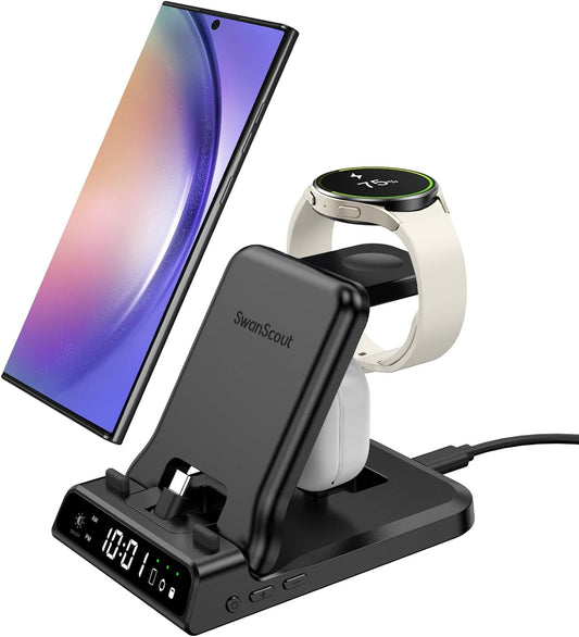 Stazione Di Ricarica Veloce per Samsung, Caricatore Portatile 3 in 1 Da 25W per Samsung S24/S23/S22/A54/A53/A14, Supporto Di Ricarica per Galaxy Watch 6/5/4