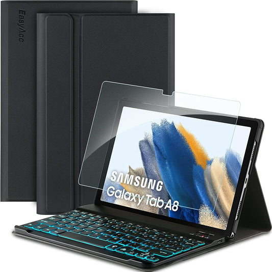 Custodia per Tastiera Compatibile Con Samsung Galaxy Tab A8 10.5 2021 (SM-X205N/X200N) Con Vetro Temperato, Tastiera Illuminata, Senza Fili, Bluetooth Rimovibile, Colore: Nero