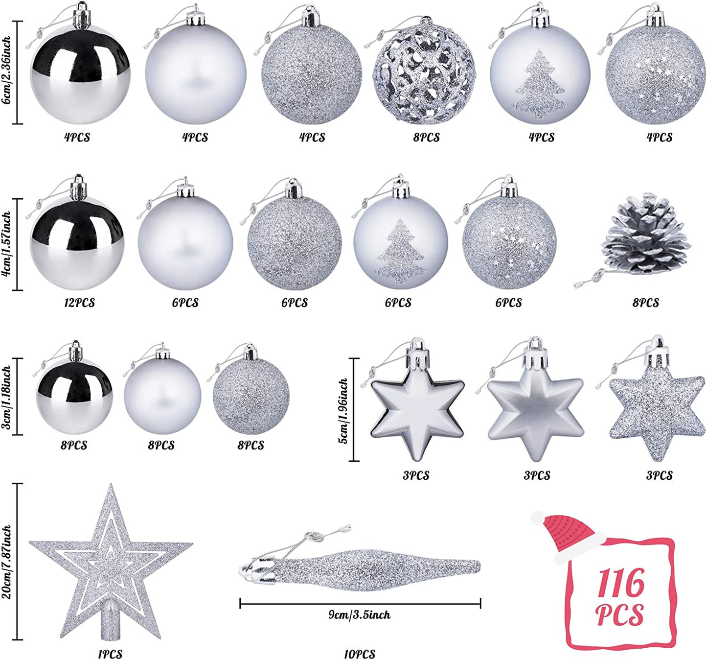 - Set Di 115 Palline Di Natale in Argento, Decorazioni Natalizie, Con Puntale per Albero Di Natale, Decorazione a Forma Di Stella, Diametro 30/40/60 Mm