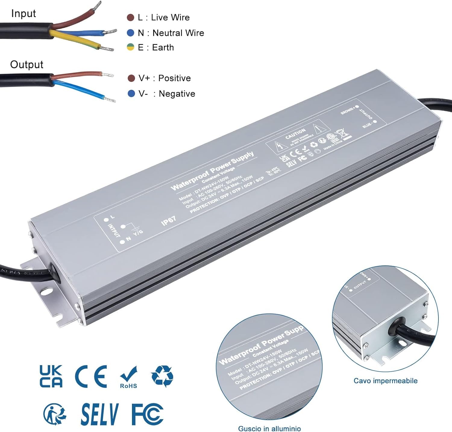 IP67 Impermeabile Trasformatore LED 24V 150W Alimentatore LED 6.25A, Trasformatori 220V a 24V DC Slim Tensione Costante Switching Driver LED, per Striscia LED Lampadine LED G4 GU5.3 MR11 MR16