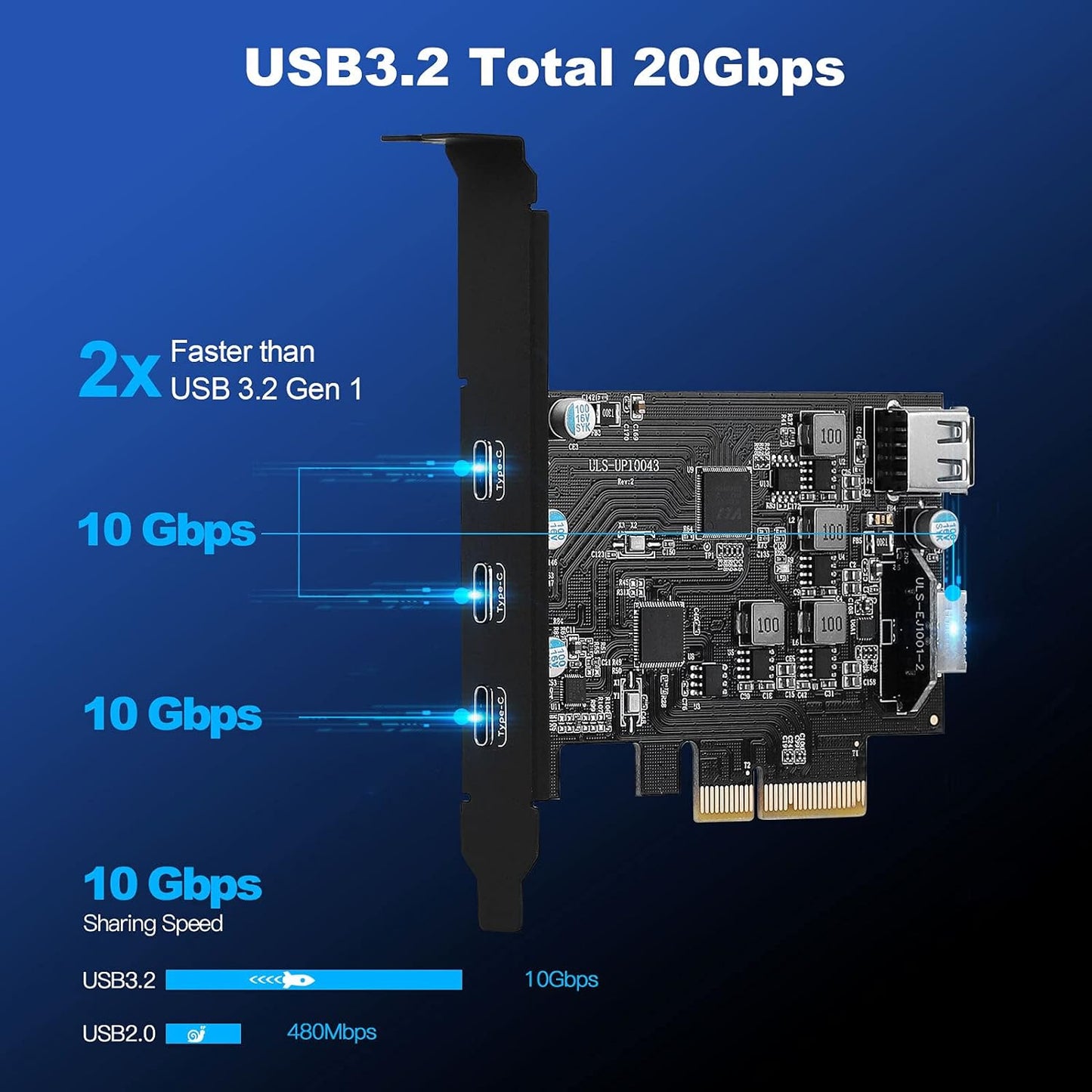 Scheda Di Espansione USB C Pcie 5 Porte, Pcie 4X a USB 3.2 Gen2 10Gpbs Con 3 Porte USB C E 2 Interne (1X USB A, 1X USB Type E a Key 20 Pin) PCI-E a USB Express Card Front Panel Adapter per PC Desktop