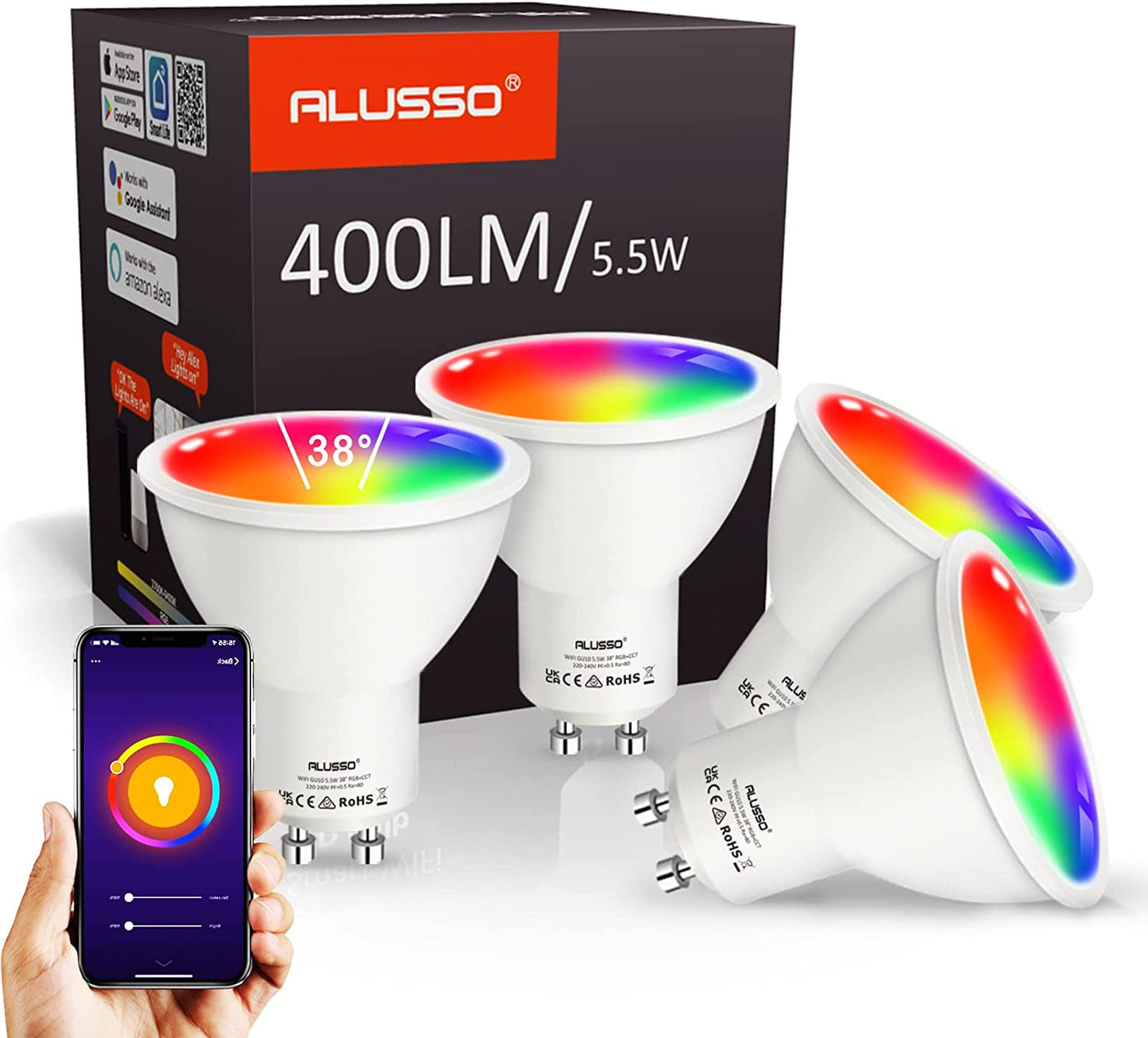 Wifi Smart GU10 Lampadine LED, Bianco E Colore 38° Lampadine Spot, Dimmerabile 5.5W 230V RGB/WW/CW, Dimmerabile 2700K-6400K, Funziona Con Alexa Google Home, Confezione Da 4