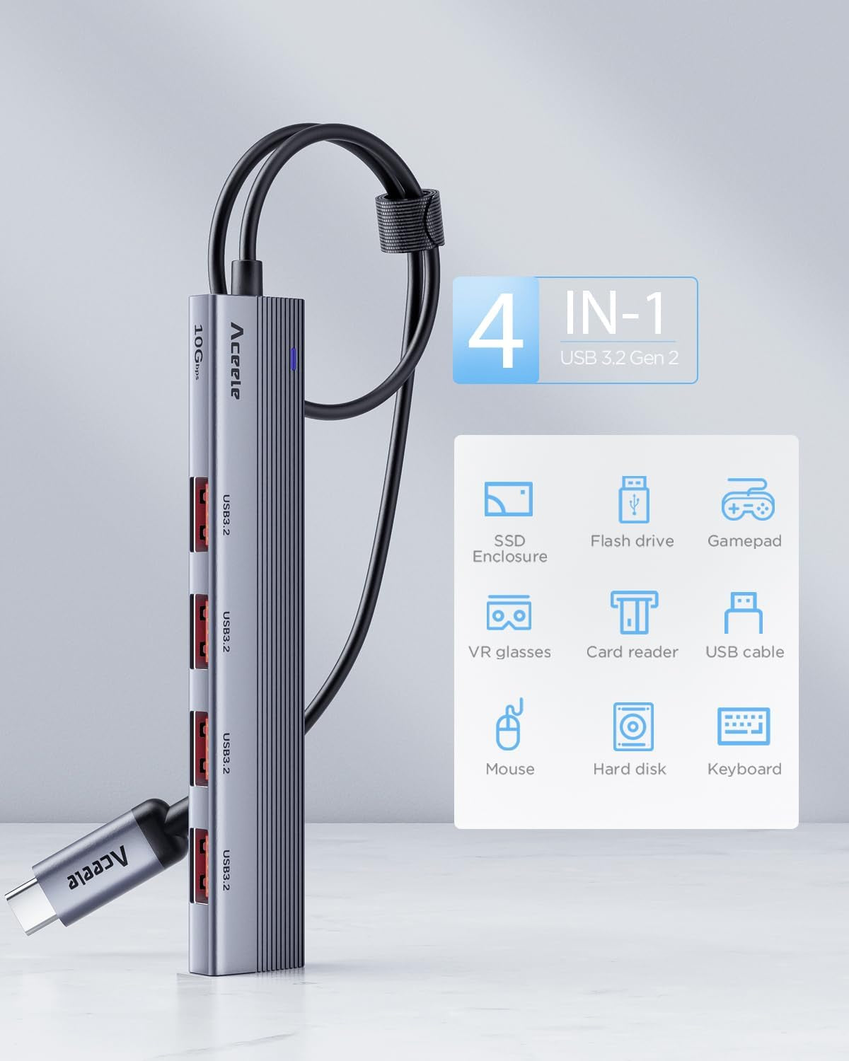 Hub USB 3.2 Gen 2 10Gbps Con 4 Porte USB-A, Sdoppiatore USB 3.2 Adattatore 5 in 1 Con Cavo Lungo 100 Cm E Porta Di Alimentazione Type-C per Laptop, PC Desktop, Xbox E Mac, Ecc.