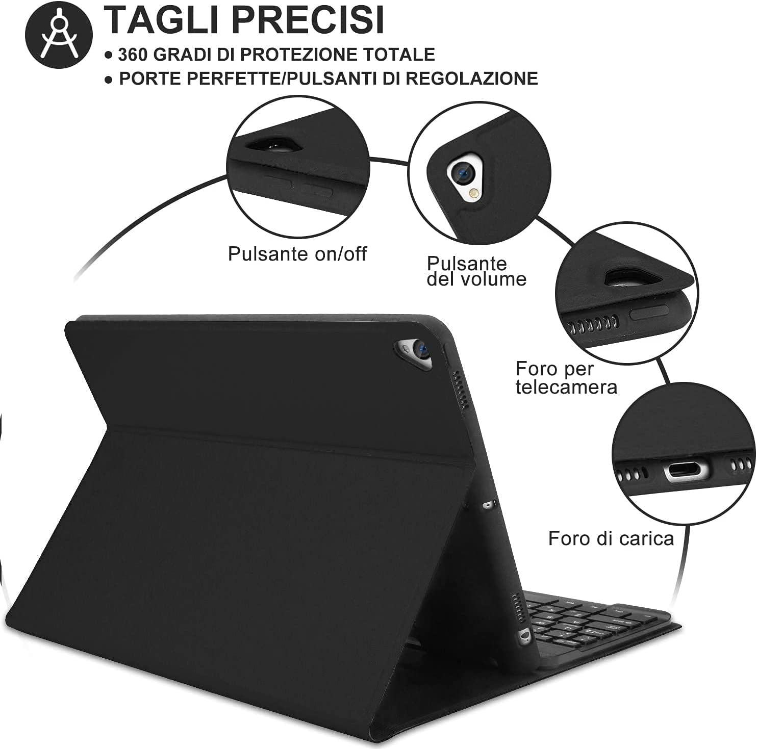 Custodia Con Tastiera Italiano per Ipad 10,2" 9A/8A/7A Generazione, Ipad 10,2" 2021/2020/2019/Ipad Air 3/Ipad Pro 10,5", Bluetooth Wireless Staccabile Magnetica, Nero