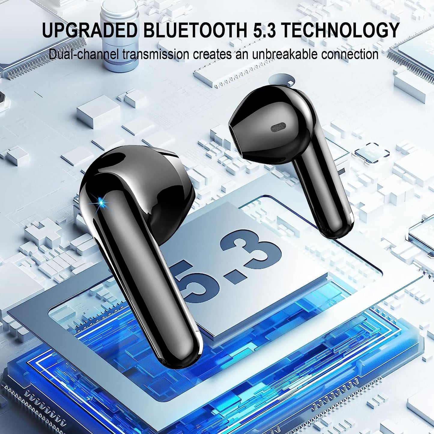 Cuffie Bluetooth, Auricolari Bluetooth 5.3 Wireless Stereo Hifi Con 4 HD Mic, 48Ore Mini Cuffie Senza Fili IP7 Impermeabili, 3G Ultra Leggero in Ear Cuffiette Bluetooth Cancellazione Rumore/Led/Usb-C