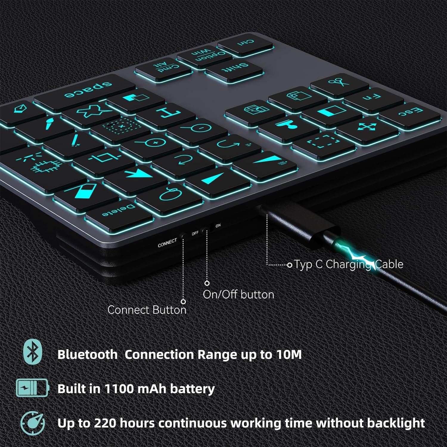 Tastiera Retroilluminata Bluetooth per Photoshop, Tastiera Ricaricabile per Photoshop, Compatibile Con Windows/Macos/Ios