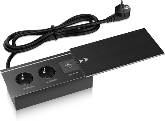 Ciabatte Elettriche Multipresa Con USB,  Ciabatta Elettrica 2 Prese Cavo 3M, Presa Da Tavolo Con USB C, Ciabatta Da Incasso Da Scrivania, Alluminio