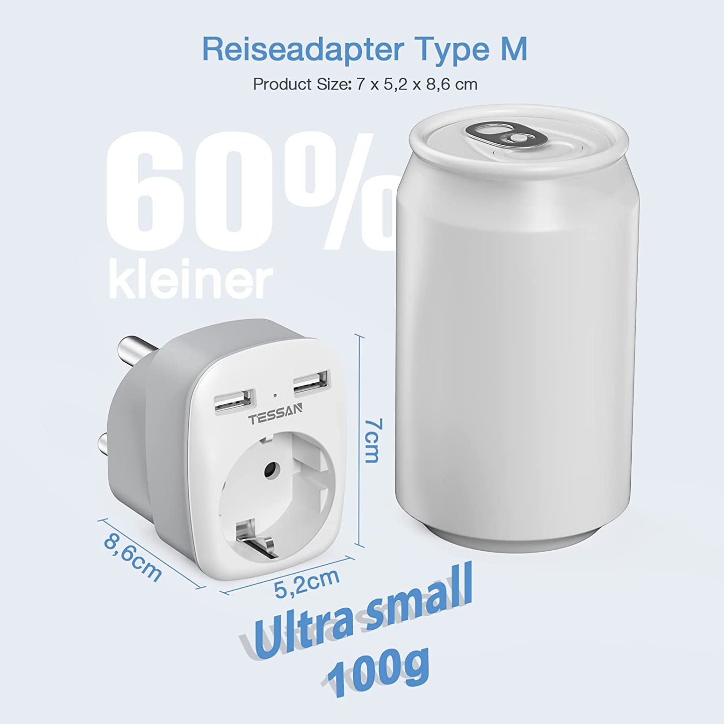 Adattatore Da Viaggio Sudafrica, Adattatore Presa Sudafrica Con 2 USB, Adattatore Da Viaggio Con Spina Tipo M per Sudafrica, Namibia, Lesotho, Bhutan, Mozambico