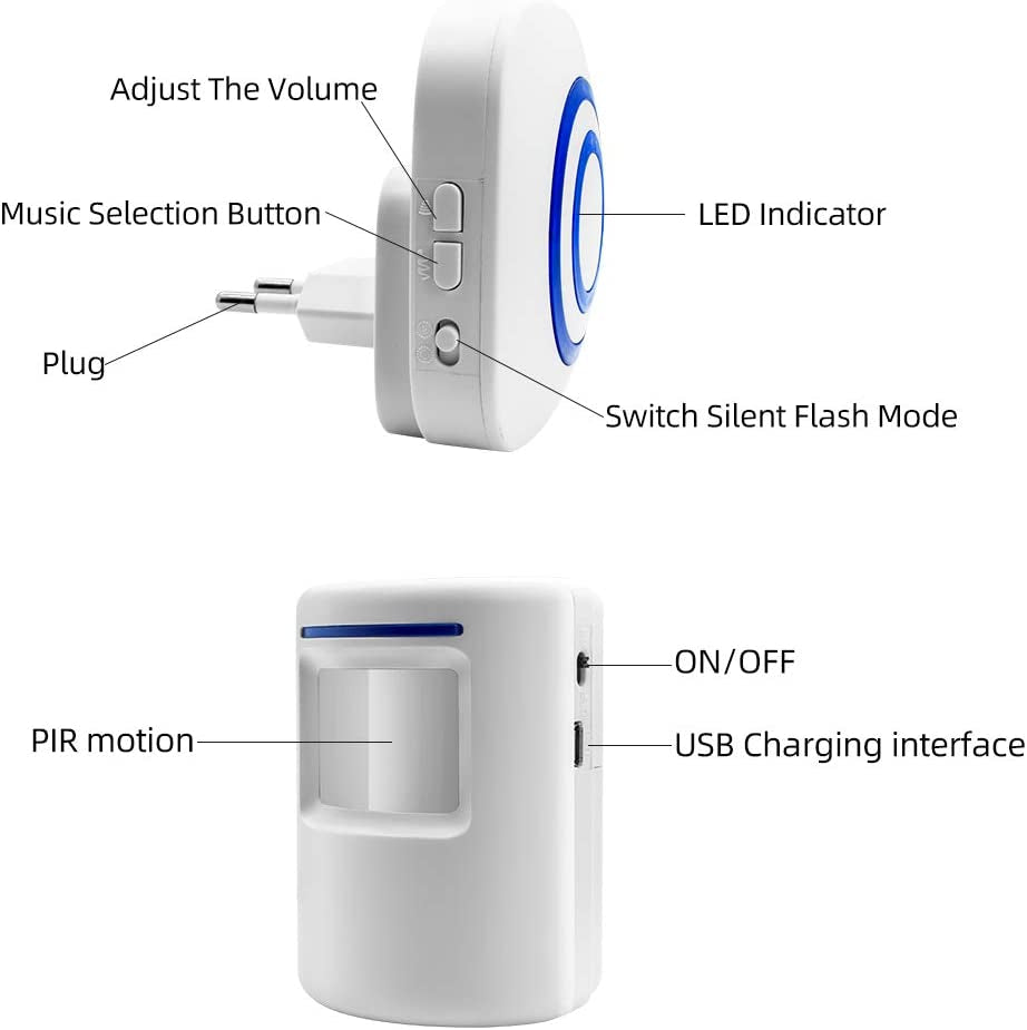 Kit Elettronico per Campanello Senza Fili Con 1 Ricevitore Plug-In E 1 Rilevatore Di Movimento PIR Sensore 3 Livelli Di Volume E 38 Allarme Suoneria Visitatore Inteligent Ringtones