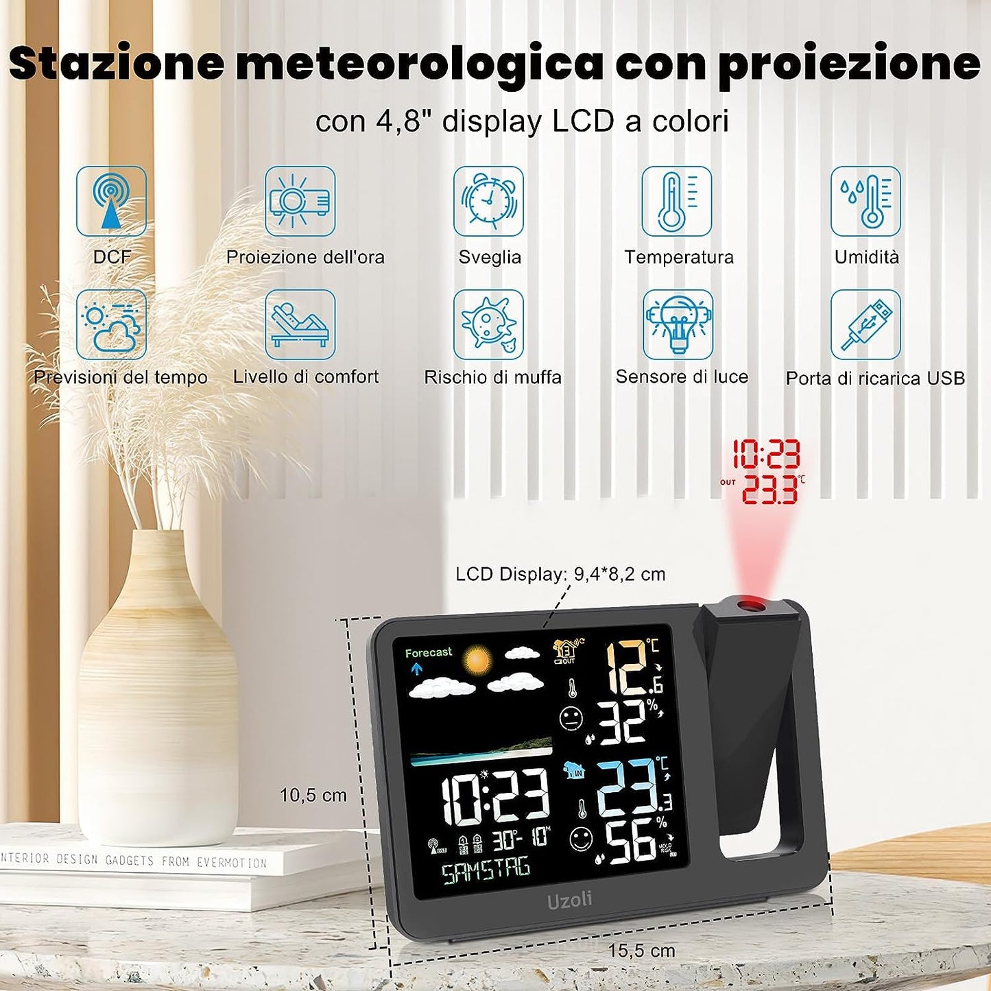 Sveglia Con Proiettore Orologio Proiezione Soffitto Stazione Meteorologica, Sensore Esterno Termometro Igrometro Interno Previsioni Del Tempo Livello Di Comfort Rischio Muffa -EM3539A