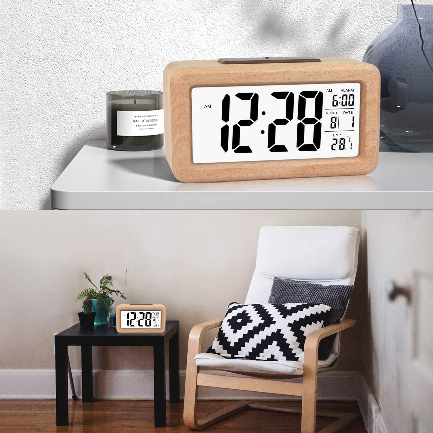 Sveglia Digitale in Legno Facile Da Impostare Con Temperatura, Data, Retroilluminazione, Snooze, per Camera Da Letto, Comodino, Casa, Ufficio, Senza Tick (Marrone Chiaro)