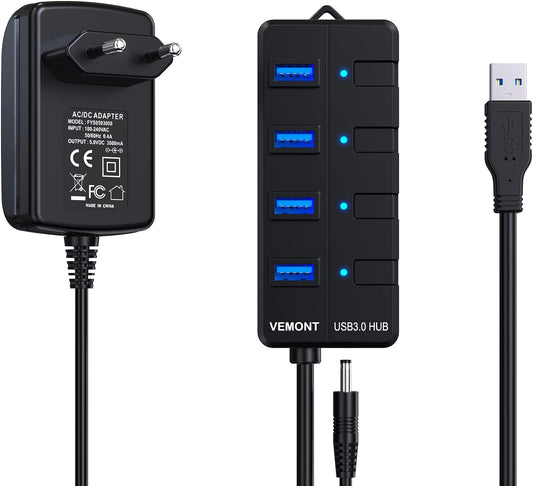 Hub USB Con Alimentatore Di Rete, 4 Porte, USB 3.0, Adattatore Attivo E Singolo Interruttore On/Off, Cavo Da 1,2 M, Con Alimentatore Di Rete Da 5 V/3 A, per Pc/Laptop E Ultrabook