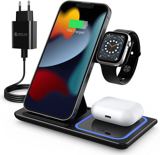 Stazione Di Ricarica Induttiva, 18 W, Pieghevole 3 in 1, Caricatore Wireless Compatibile Con I/Phone 13/12/11/XS/XR/X/8P, Airpods 2/Pro, Apple Watch, Samsung S21 Ultra/S20 E Cellulare Capace