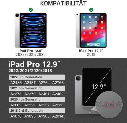 Custodia per Ipad Pro 12.9 (6A/5A/4A/3A Generazione, 2022/2021/2020/2018) Con Portapenne, Ecopelle, [Sveglia/Sonno Automatico + Supporto Ricarica Apple Pencil2 + Angoli Multipli], Marrone