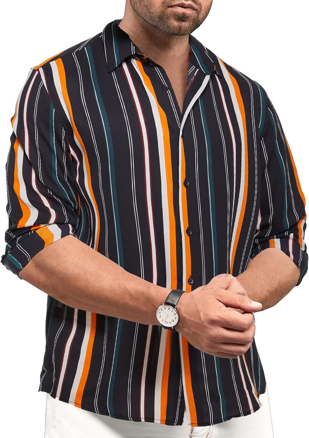 Camicia Da Uomo a Maniche Lunghe, Vestibilità Larga, a Righe, per Il Tempo Libero, Casual, Con Bottoni