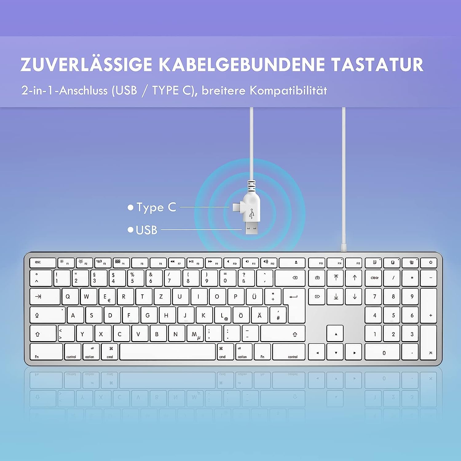 Tastiera Cablata Mac, Con Cavo E Connettore Tipo C/USB, Tastiera Tedesca QWERTZ Imac Solo per Mac OS/IOS, Argento E Bianco