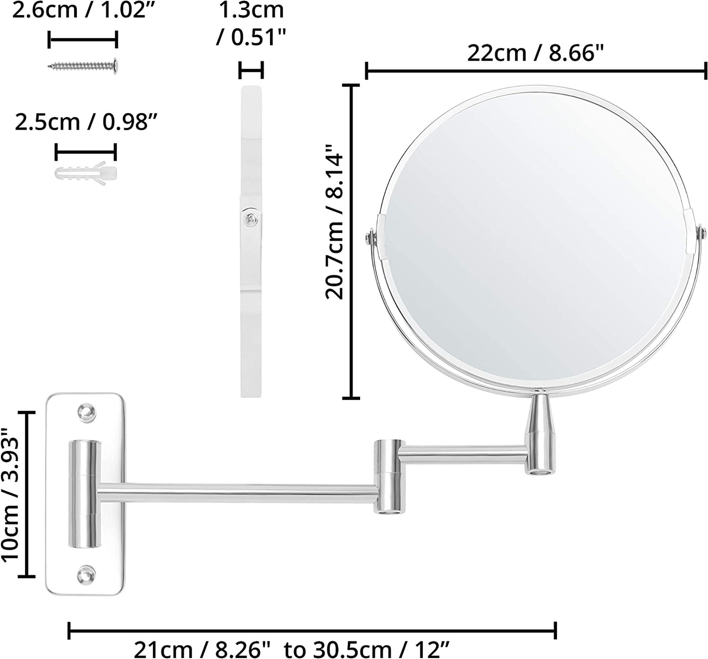 Specchio Rotondo Da Parete 22 X 20,7 Cm Con Testa Girevole 360° - Specchio Trucco Ingranditore 5X Estensibile Acciaio Inox - Specchio Parete Rotondo Rotante - Specchio Ingranditore Trucco