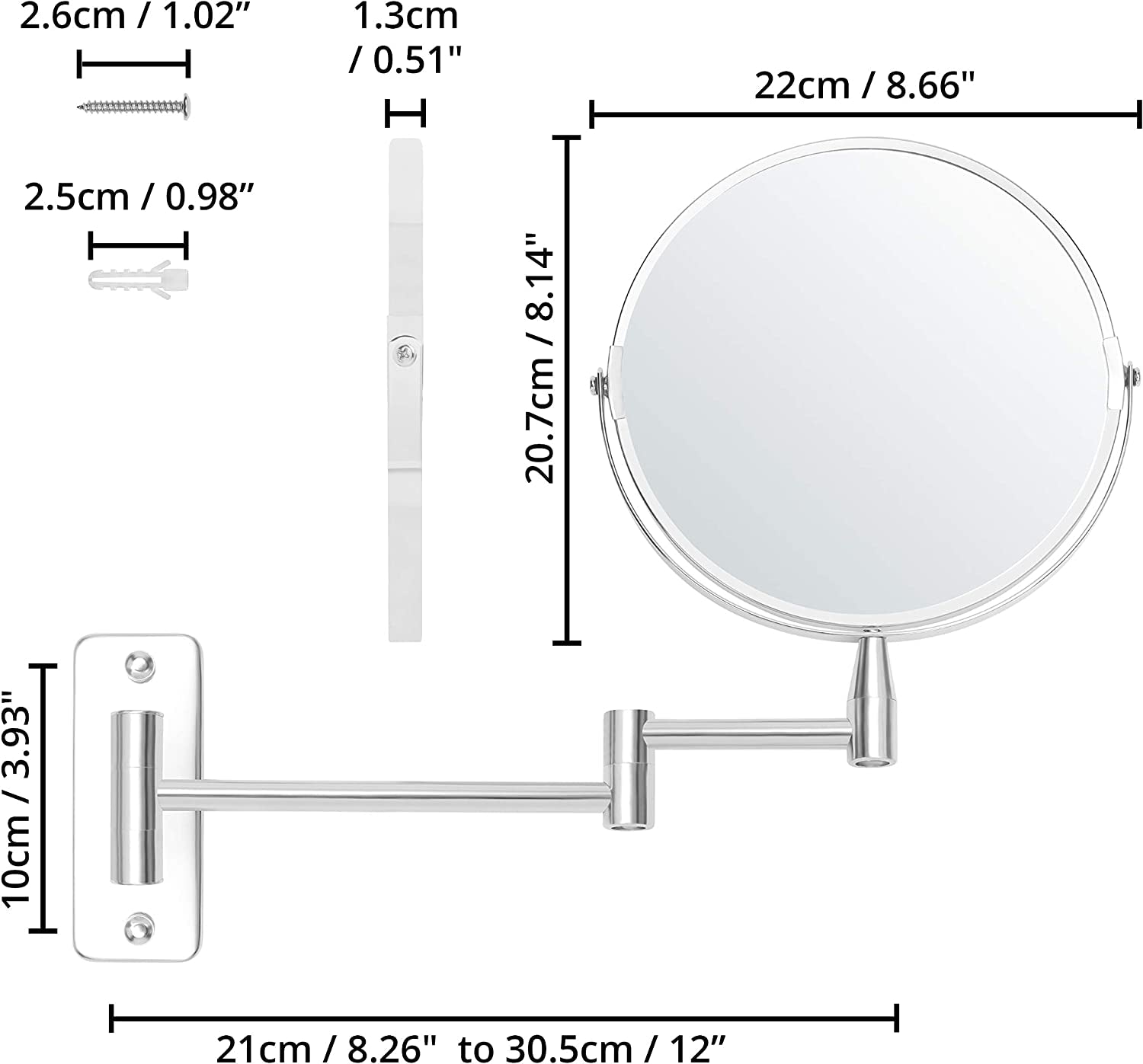 Specchio Rotondo Da Parete 22 X 20,7 Cm Con Testa Girevole 360° - Specchio Trucco Ingranditore 5X Estensibile Acciaio Inox - Specchio Parete Rotondo Rotante - Specchio Ingranditore Trucco