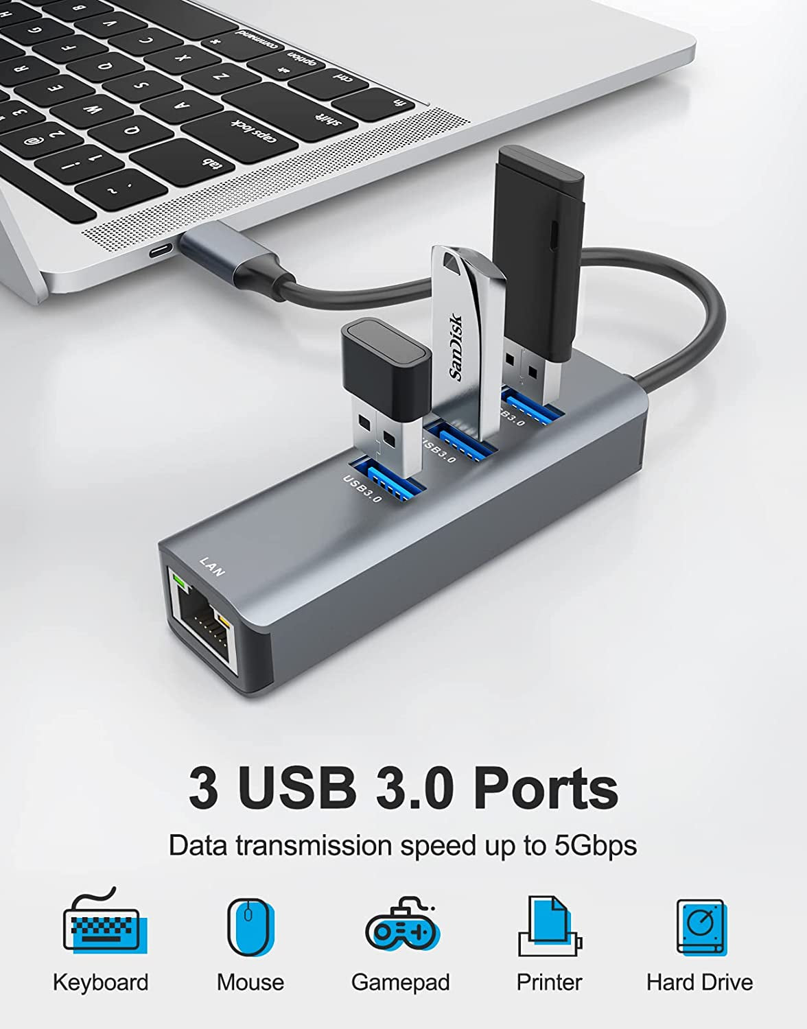 Adattatore Da Ethernet a USB C, Adattatore  4 in 1 Da USB C a Ethernet, Con 3 Porte USB 3.0, per Macbook Pro 2019/2018/2017, Chromebook, Linux E Altri Dispositivi Di Tipo C