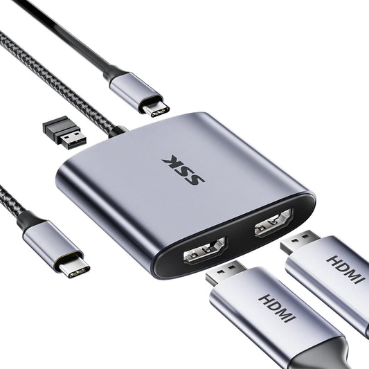 Adattatore USB C a Doppio HDMI, 4-IN-1 Adattatore Multiporta Da Tipo C Con 4K@60Hz E 4K@30Hz HDMI, 100W Di Ricarica Rapida, USB 2.0 Supporta Thunderbolt 3 per Macbook Air Lenovo Dell HP Chromebook
