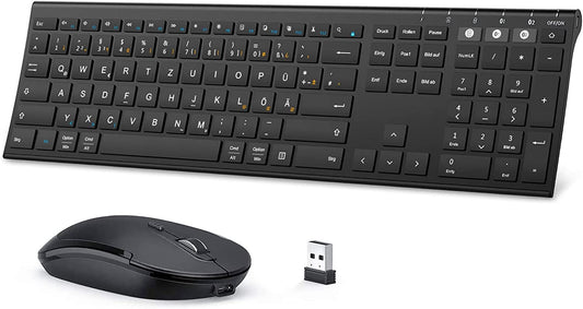 Tastiera Bluetooth Con Mouse Senza Fili, Dual Bluetooth E 2.4 G Chiavetta USB Senza Fili, Tastiera Wireless Ricaricabile Con Layout DE per Mac/Windows/Android – Nero