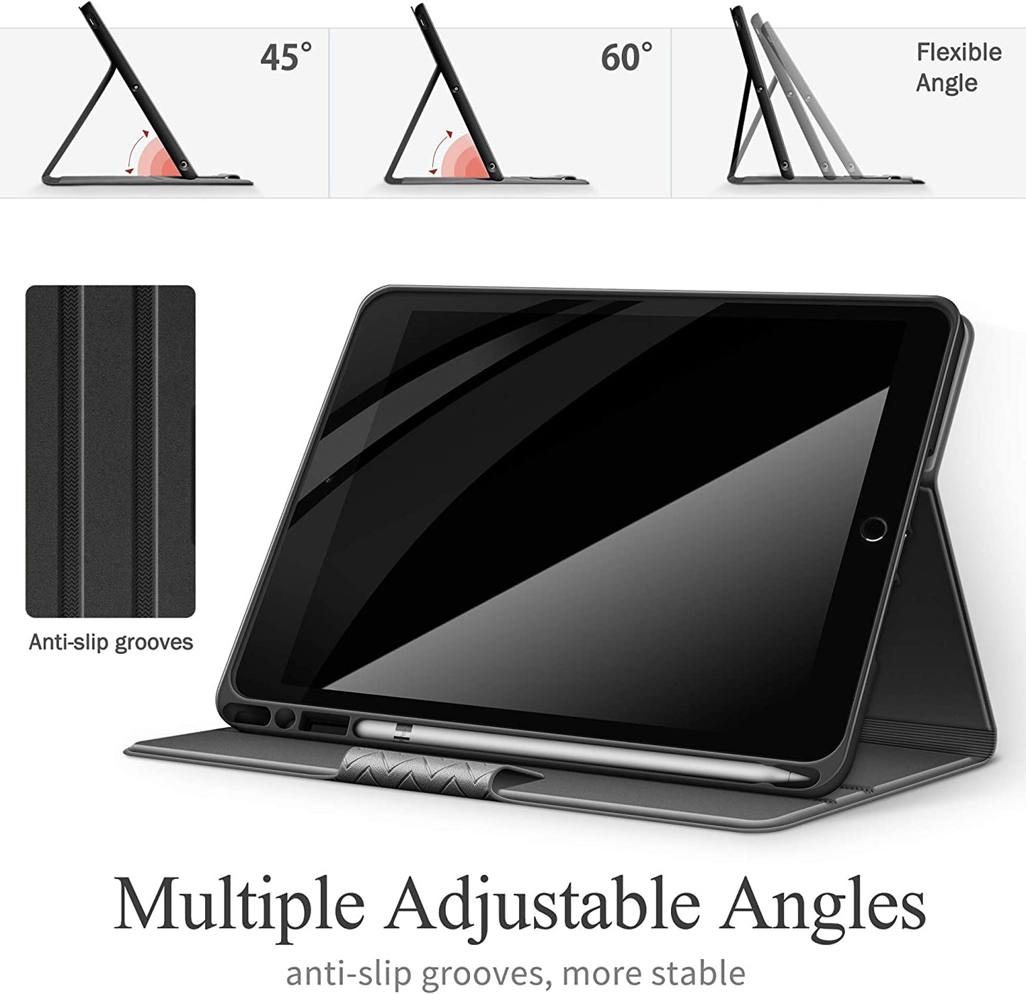 Custodia per Ipad 9A Generazione 10.2" 2021 / Ipad 8A Generazione 2020 / Ipad 7A Gen 2019, Con Portapenne Integrato, Auto Svegliati/Sonno (Grigio)