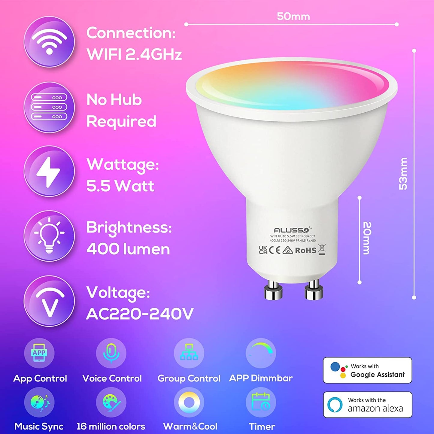 Wifi Smart GU10 Lampadine LED, Bianco E Colore 38° Lampadine Spot, Dimmerabile 5.5W 230V RGB/WW/CW, Dimmerabile 2700K-6400K, Funziona Con Alexa Google Home, Confezione Da 4