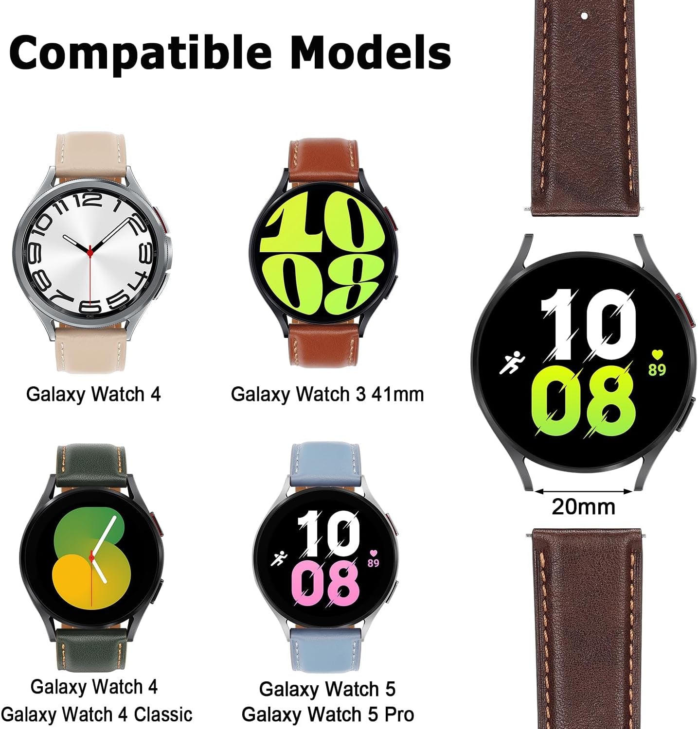 20Mm Cinturini Compatibile Con Samsung Galaxy Watch 6/Watch 6 Classic/Watch 5/Watch 5 Pro/Watch 4/4 Classic, Cinturini Di Ricambio in Vera Pelle per Huawei Watch GT 2 42Mm, (Marrone)