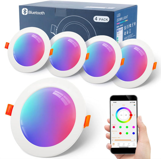Faretti Led Da Incasso Colorati Smart Alexa, 10W 1000LM, 220V Faretti LED Soffitto Interno Rotondo Intelligente Bluetooth, RGB E Luce Fredda, Dimmerabile Con APP, Foro Ø95-110Mm, Set Di 4