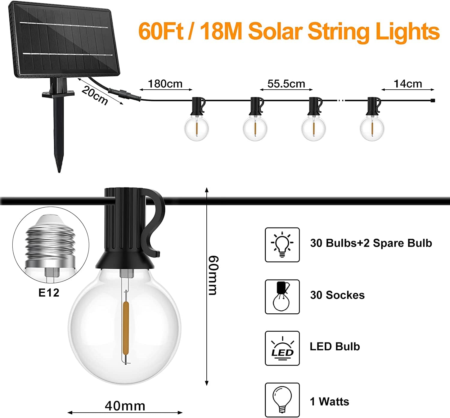 Catena Luminosa Esterno Solare, 18M Luci Stringa Da Esterno Con 30+2 Lampadine LED G40 Bianco Caldo 4 Modalità, Impermeabile IP65 Luci Natale Solare Esterno per Patio, Jardin, Balcon, Fête