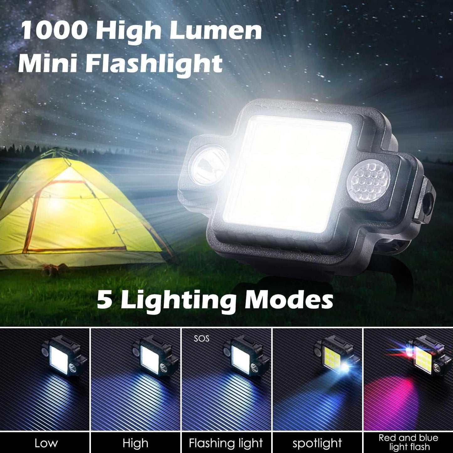 Mini Luce Da Lavoro Portatile 1000 Lumens Portachiavi Torcia Con 5 Modalità Di Illuminazione,Base Magnetica, per Campeggio/Riparazione/Emergenza (Nero-2100)