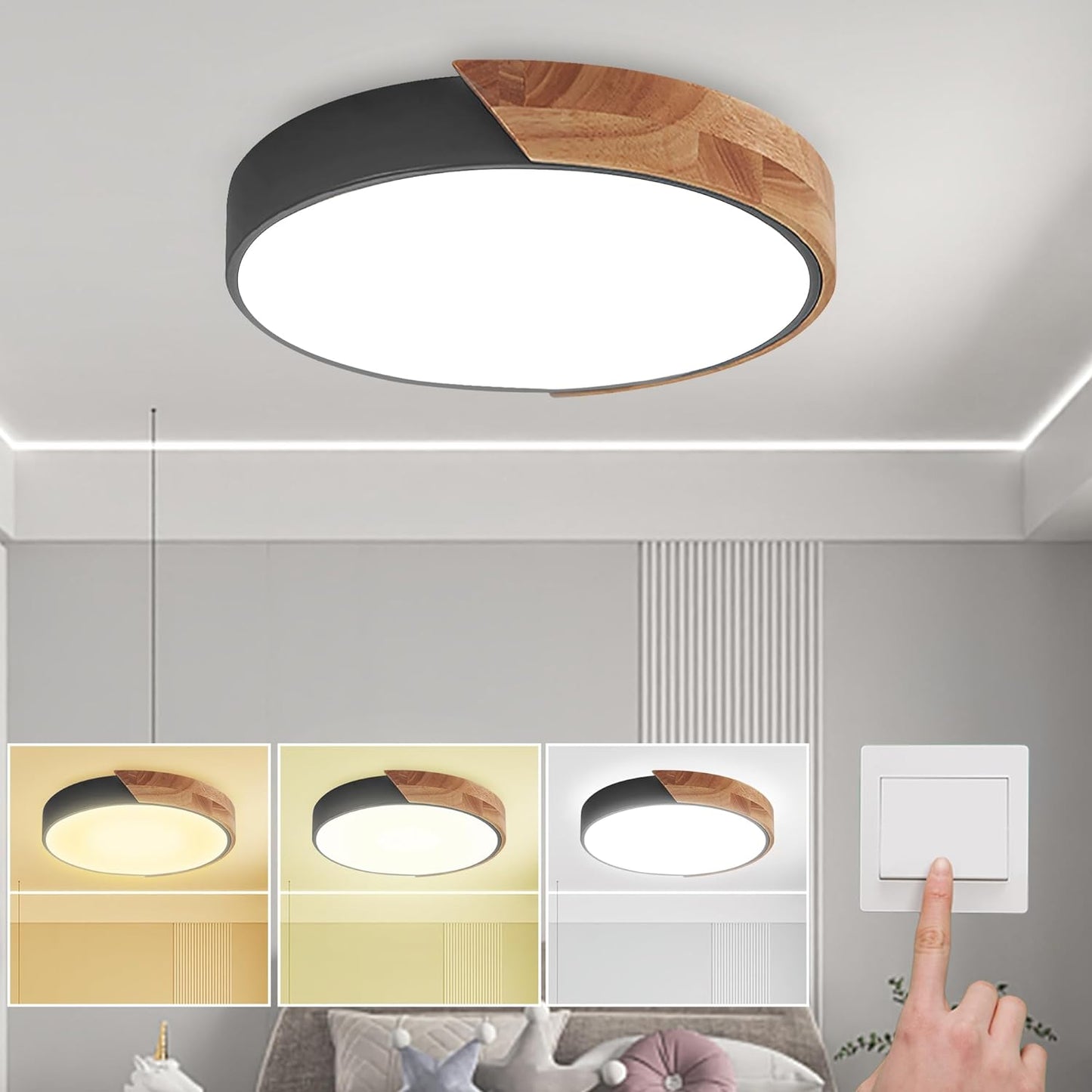 Lampada Da Soffitto, 24W Dimmerabile Led Plafoniera Legno, Regolabile 3000K/4500K/6500K Tramite Interruttore a Muro, 12 Pollici Plafoniera Moderna per Camera Da Letto Corridoio Balcone, Nero