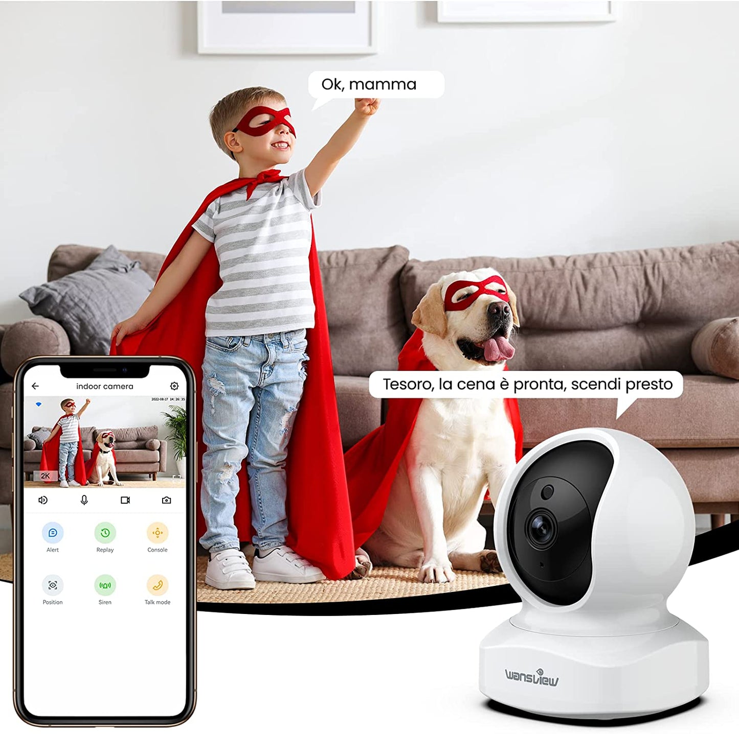 2K Telecamera Wifi Interno, Videocamera Sorveglianza Interno Wifi Con Audio Bidirezionale E Funziona Con Alexa, Telecamera Sorveglianza Wifi Con Notifiche in Tempo Reale (Bianco)