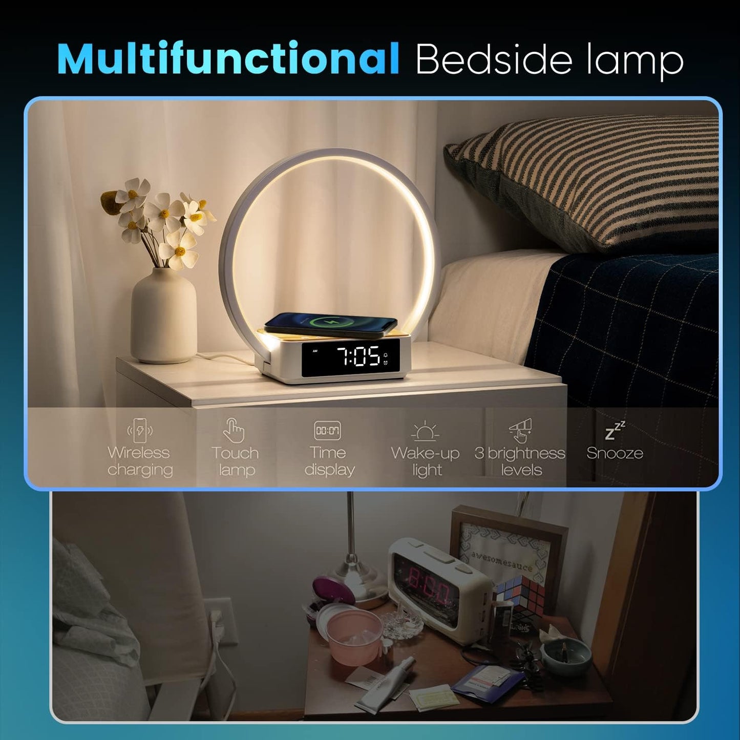 Lampada Da Comodino Con Ricarica Wireless 10W, Lampada Da Tavolo a Led Touch Dimmerabile Con 3 Livelli Di Luminosità E Orologi Lampada Da Scrivania Sveglia Luminosa per Camera Da Letto, Legna