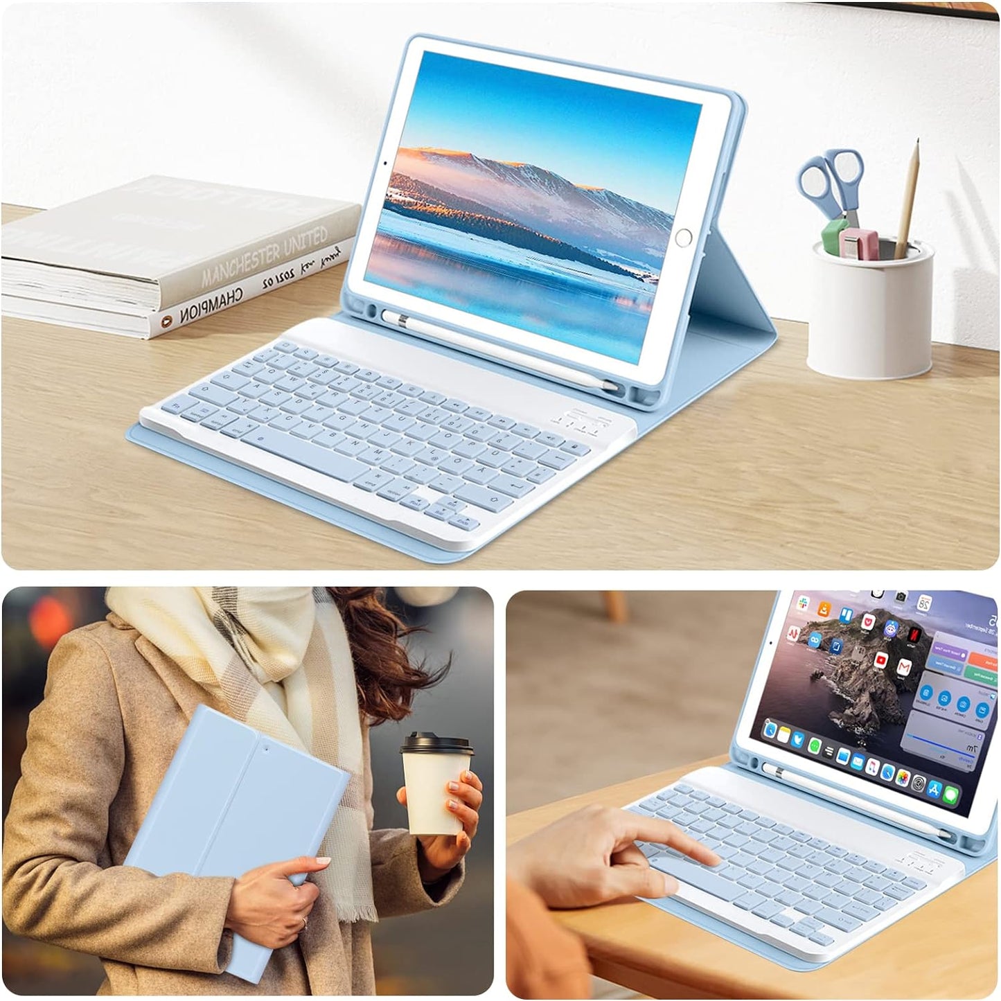 Custodia per Tastiera per Ipad 9.Gen 2021/8.Gen 2020/7.Gen 2019 10,2 Pollici, Layout QWERTZ Tastiera Rimovibile, Custodia Con Portapenne per Ipad 10.2 Pollici 2019-2020, Blu Chiaro
