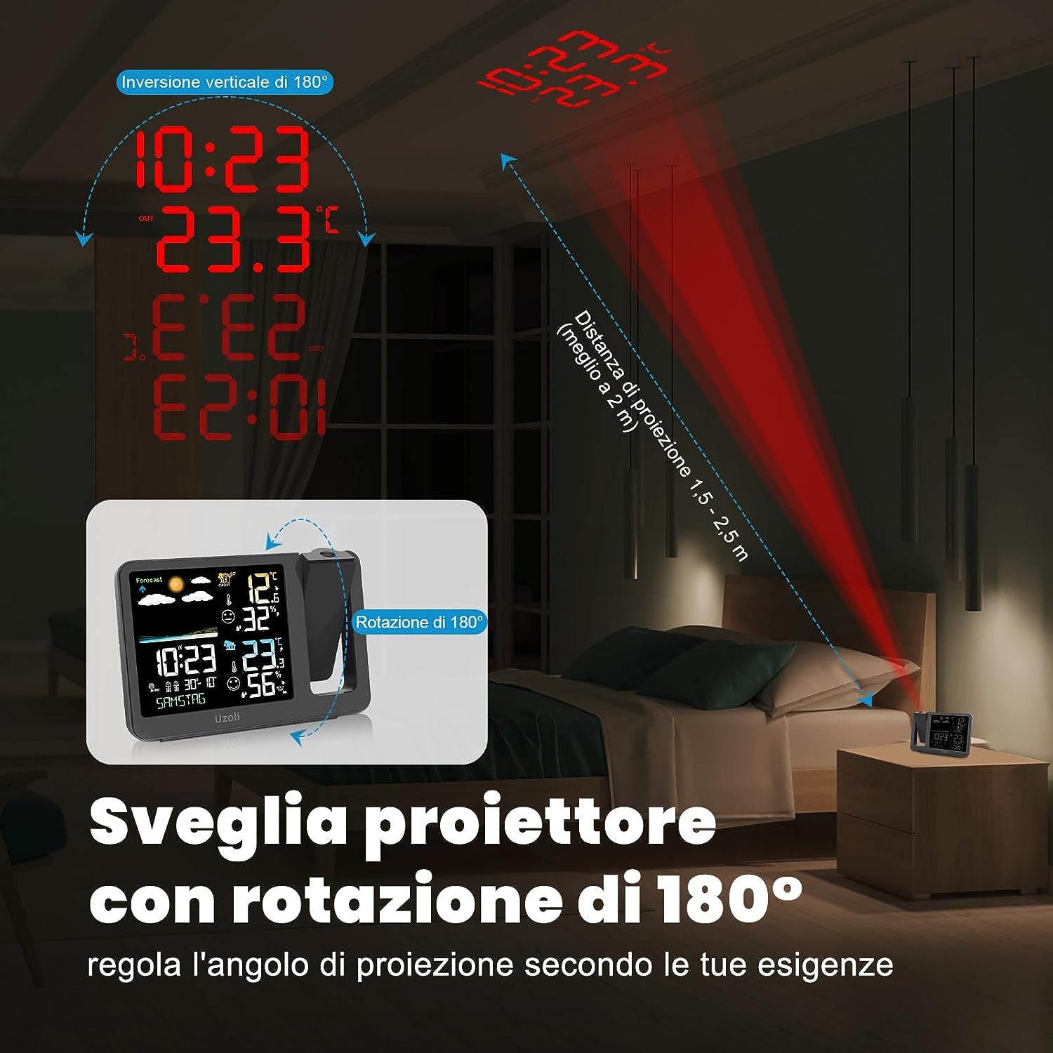 Sveglia Con Proiettore Orologio Proiezione Soffitto Stazione Meteorologica, Sensore Esterno Termometro Igrometro Interno Previsioni Del Tempo Livello Di Comfort Rischio Muffa -EM3539A