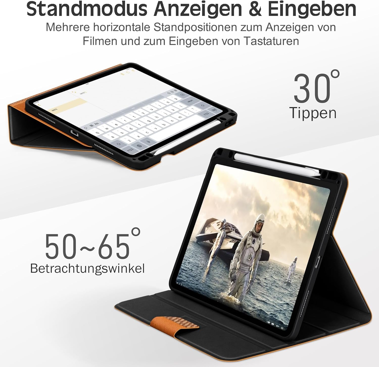 Custodia per Ipad Pro 12.9 (6A/5A/4A/3A Generazione, 2022/2021/2020/2018) Con Portapenne, Ecopelle, [Sveglia/Sonno Automatico + Supporto Ricarica Apple Pencil2 + Angoli Multipli], Marrone