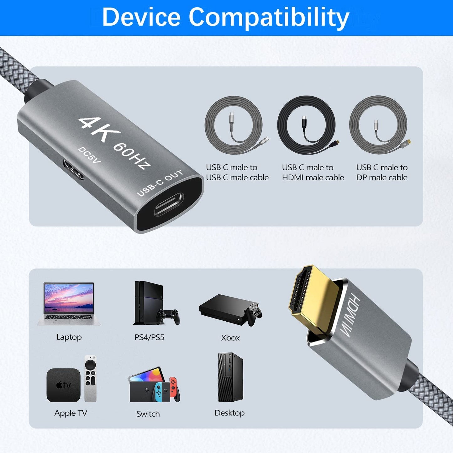 Adattatore Cavo HDMI Maschio a USB-C Femmina Con Cavo USB C,Attrezzature per Macchine Nreal Air Ar,Adattatore Thunderbolt 3 4K 60Hz per Macbook Pro,Mac Air,Microsoft Surface