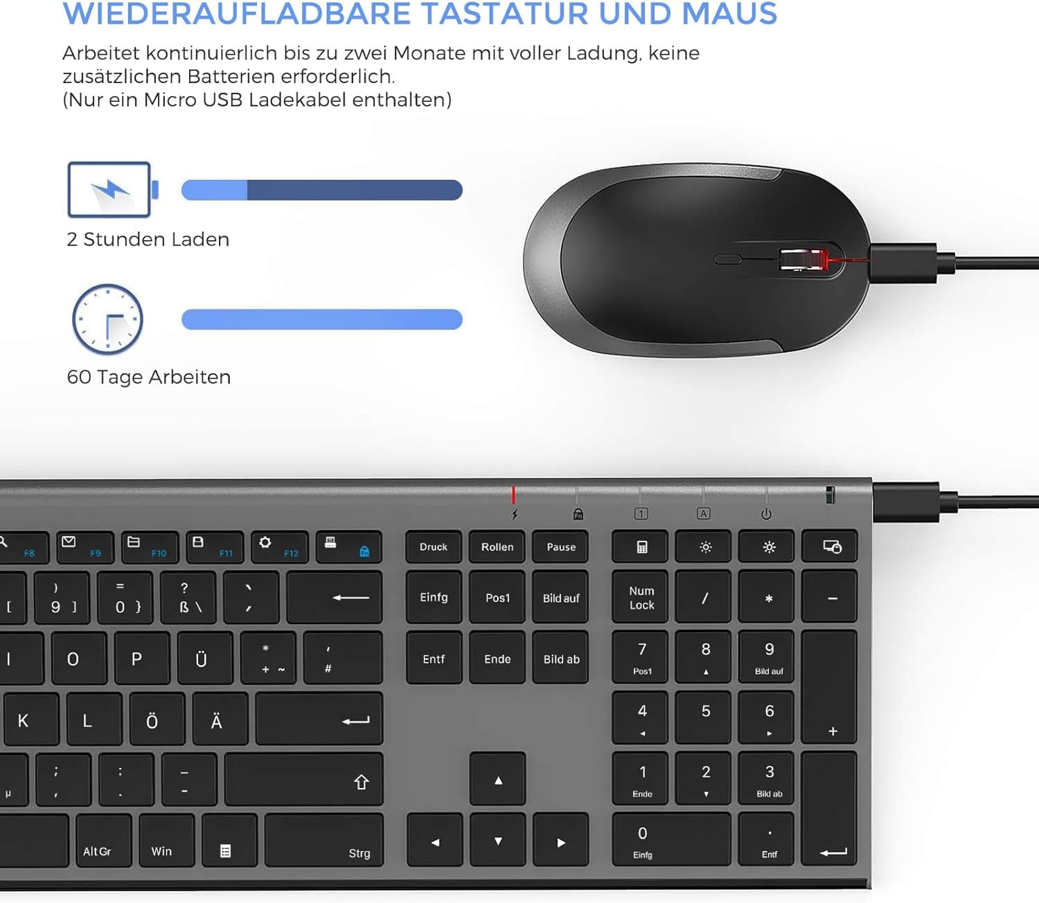 Tastiera E Mouse Senza Fili, 2,4 G, Ultra Sottile, Ricaricabile, Con Mouse Silenzioso, per Computer/Laptop, Dimensioni Complete E Layout QWERTZ (Nero E Grigio)