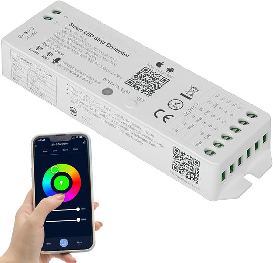 Wifi 5 in 1 Dimmerabile Controller per Striscia LED CCT RGB RGBW RGBCCT Monocromatiche Compatibili Con APP Tuya/Smart Life/Alexa/Google Home/Siri,Controllo Luce DC12-24V (Senza Batteria)