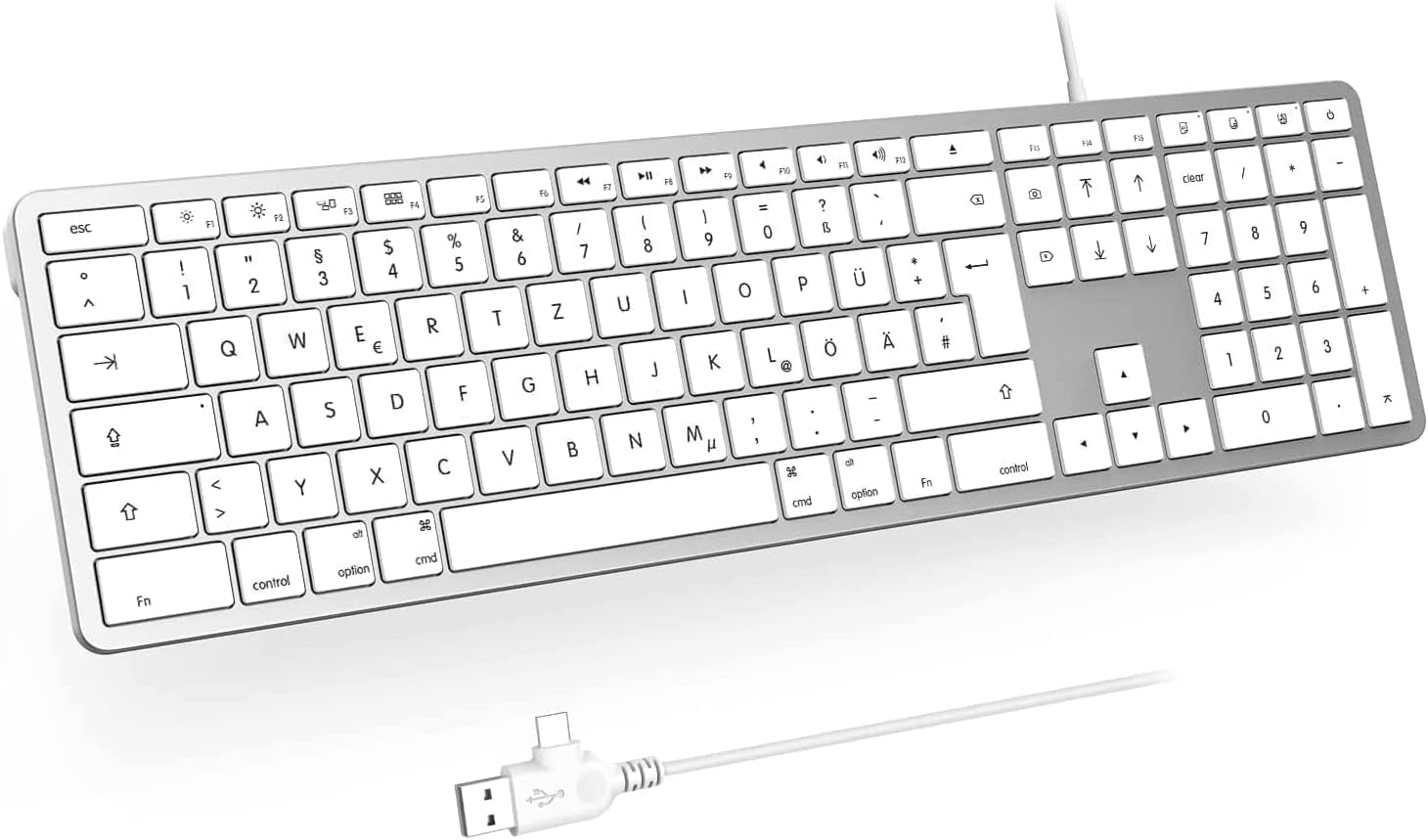 Tastiera Cablata Mac, Con Cavo E Connettore Tipo C/USB, Tastiera Tedesca QWERTZ Imac Solo per Mac OS/IOS, Argento E Bianco