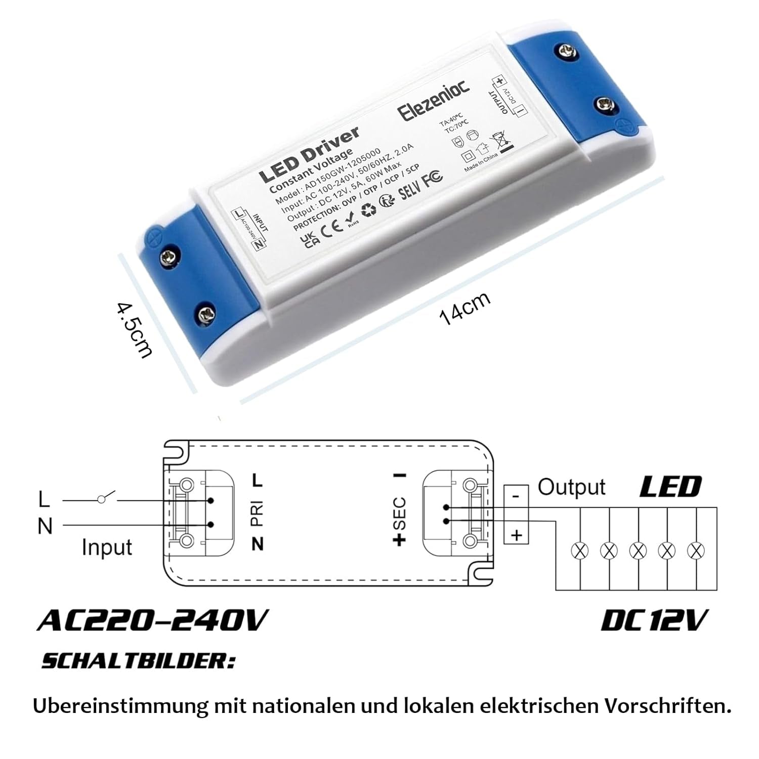 Trasformatore LED 60W LED Driver 5A LED Trasformatori 12V Alimentatore Convertitore LED per Bassa Tensione Striscia Lampadina MR16 GU5.3 MR11 G4(Prodotti per Illuminazione a Tensione Costante)