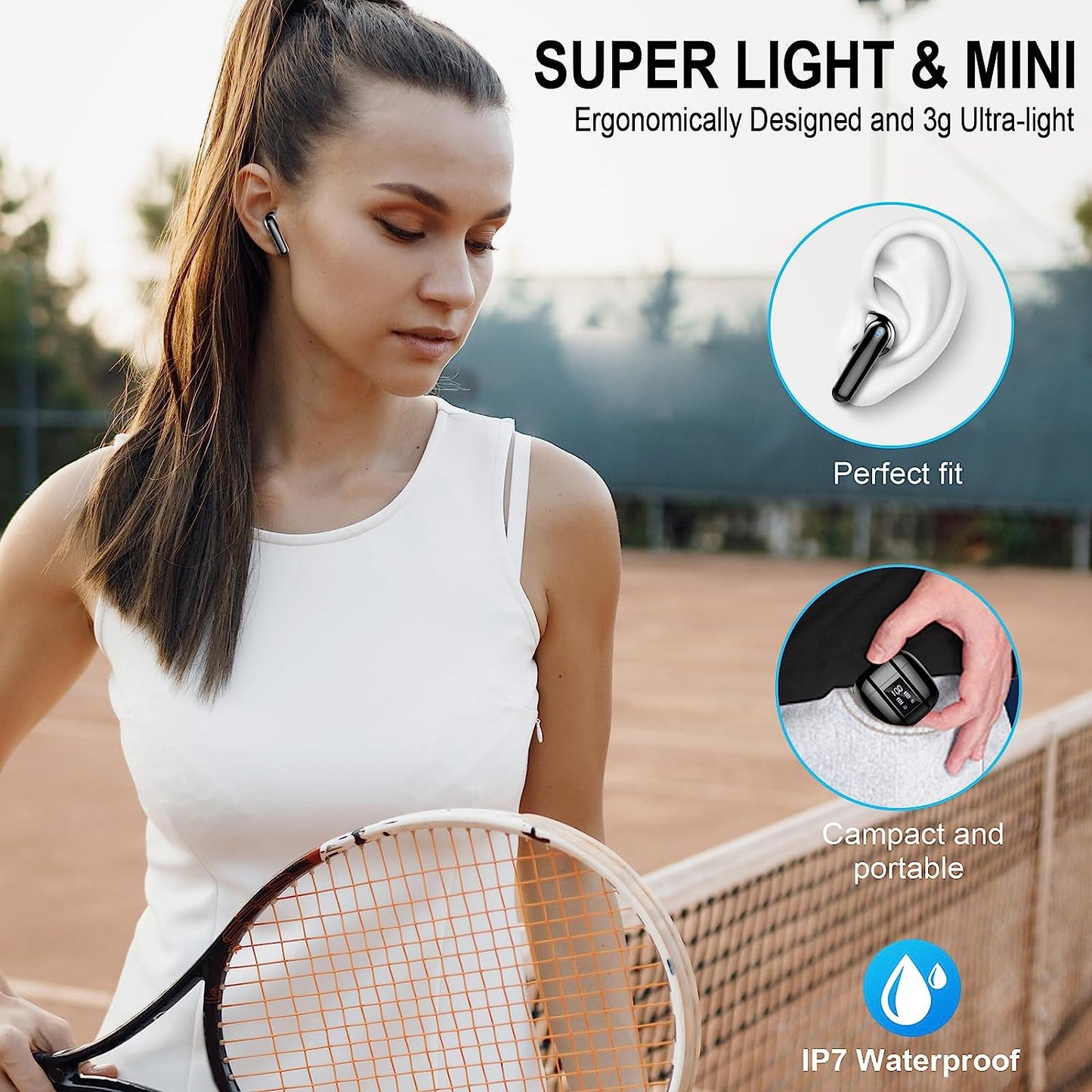 Cuffie Bluetooth, Auricolari Bluetooth 5.3 Wireless Stereo Hifi Con 4 HD Mic, 48Ore Mini Cuffie Senza Fili IP7 Impermeabili, 3G Ultra Leggero in Ear Cuffiette Bluetooth Cancellazione Rumore/Led/Usb-C