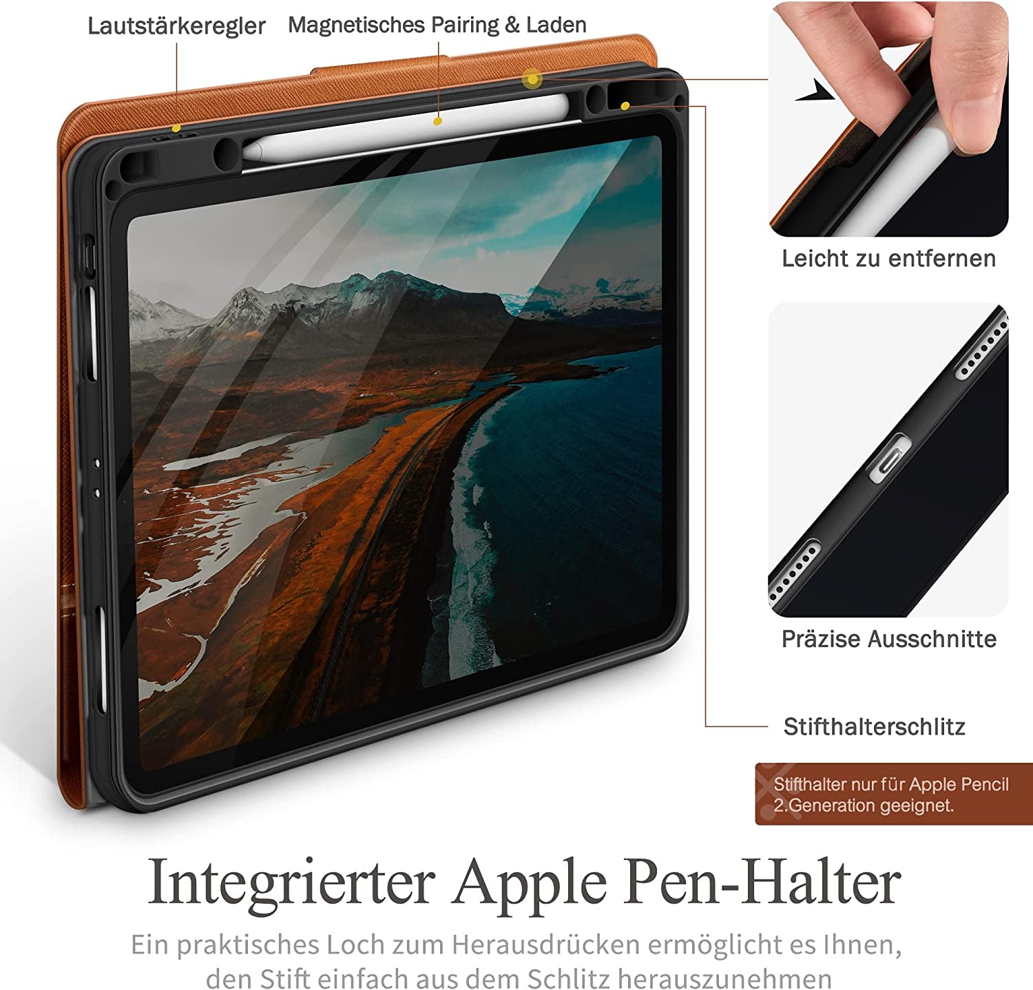 Custodia per Ipad Pro 12.9 (6A/5A/4A/3A Generazione, 2022/2021/2020/2018) Con Portapenne, Ecopelle, [Sveglia/Sonno Automatico + Supporto Ricarica Apple Pencil2 + Angoli Multipli], Marrone