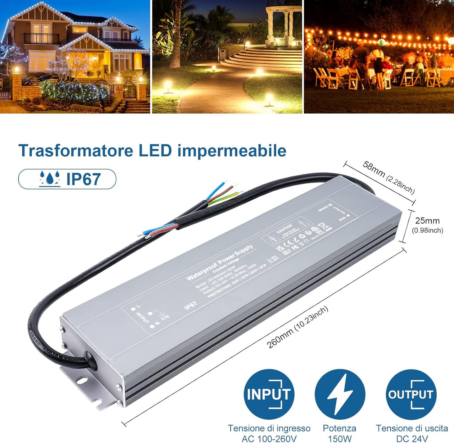 IP67 Impermeabile Trasformatore LED 24V 150W Alimentatore LED 6.25A, Trasformatori 220V a 24V DC Slim Tensione Costante Switching Driver LED, per Striscia LED Lampadine LED G4 GU5.3 MR11 MR16