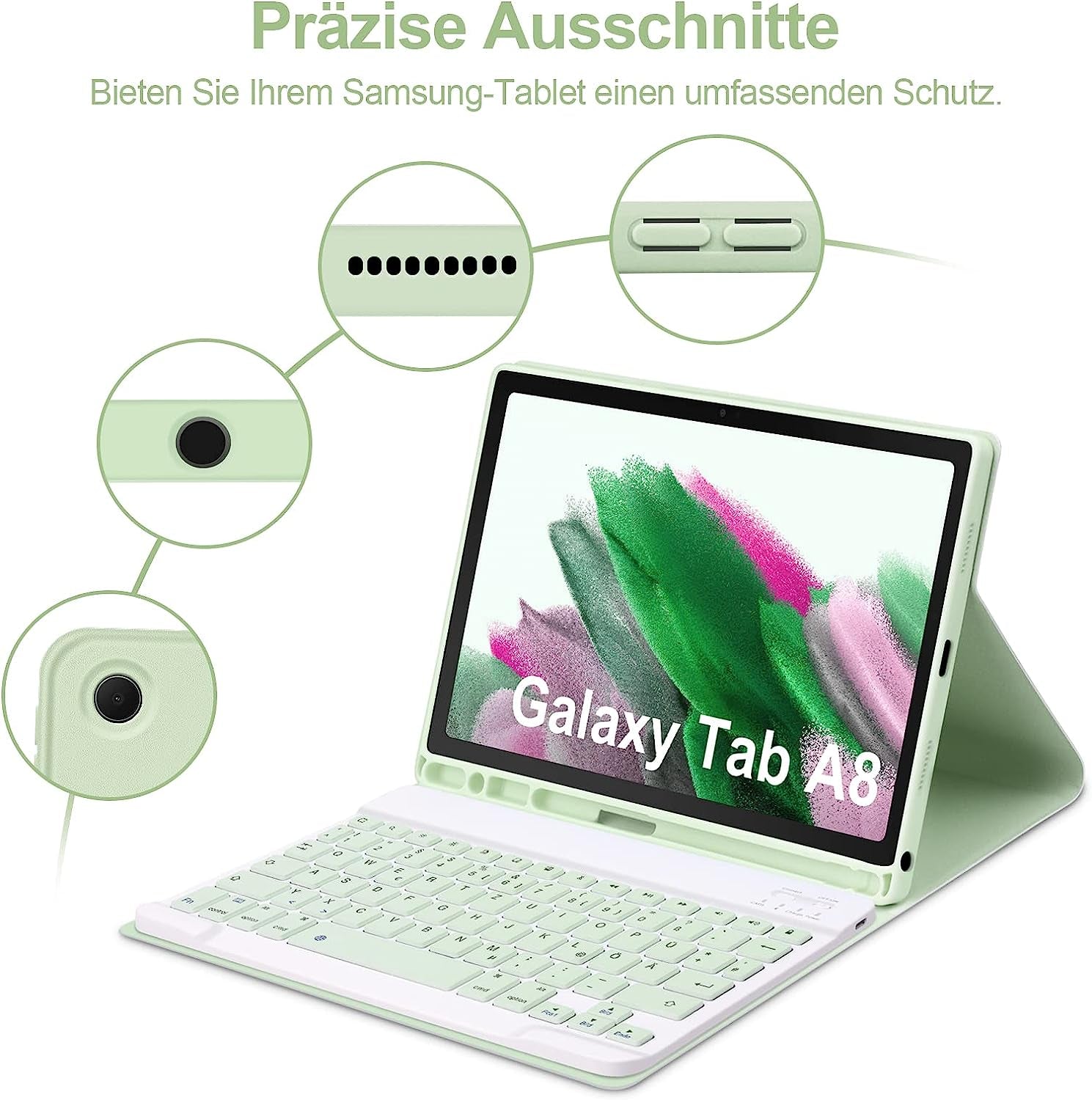 Custodia per Tastiera per Samsung Galaxy Tab A8 10,5" 2022, QWERTZ Tastiera Rimovibile Con Custodia Protettiva per Galaxy Tab A8 10,5 Pollici 2022 (SM-X200/X205/X207), Verde