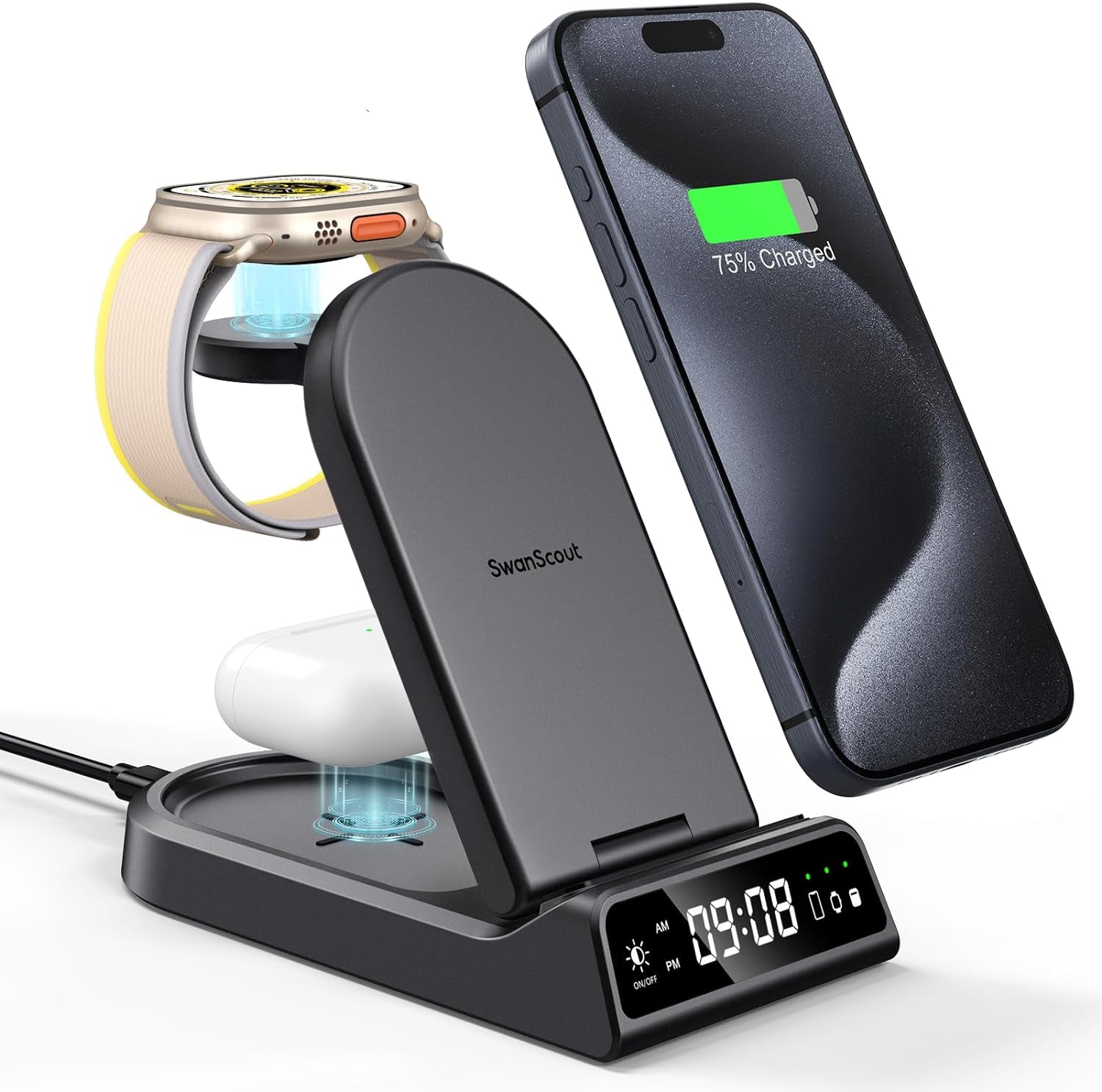 Stazione Di Ricarica Wireless per Iphone, Caricatore Wireless 4 in 1 per Iphone 15 14 13 12 Pro Max, Caricabatterie per Orologio per Iwatch 9/Ultra/Se/8/7/6/5/4/3/Air Pods Pro 3 2