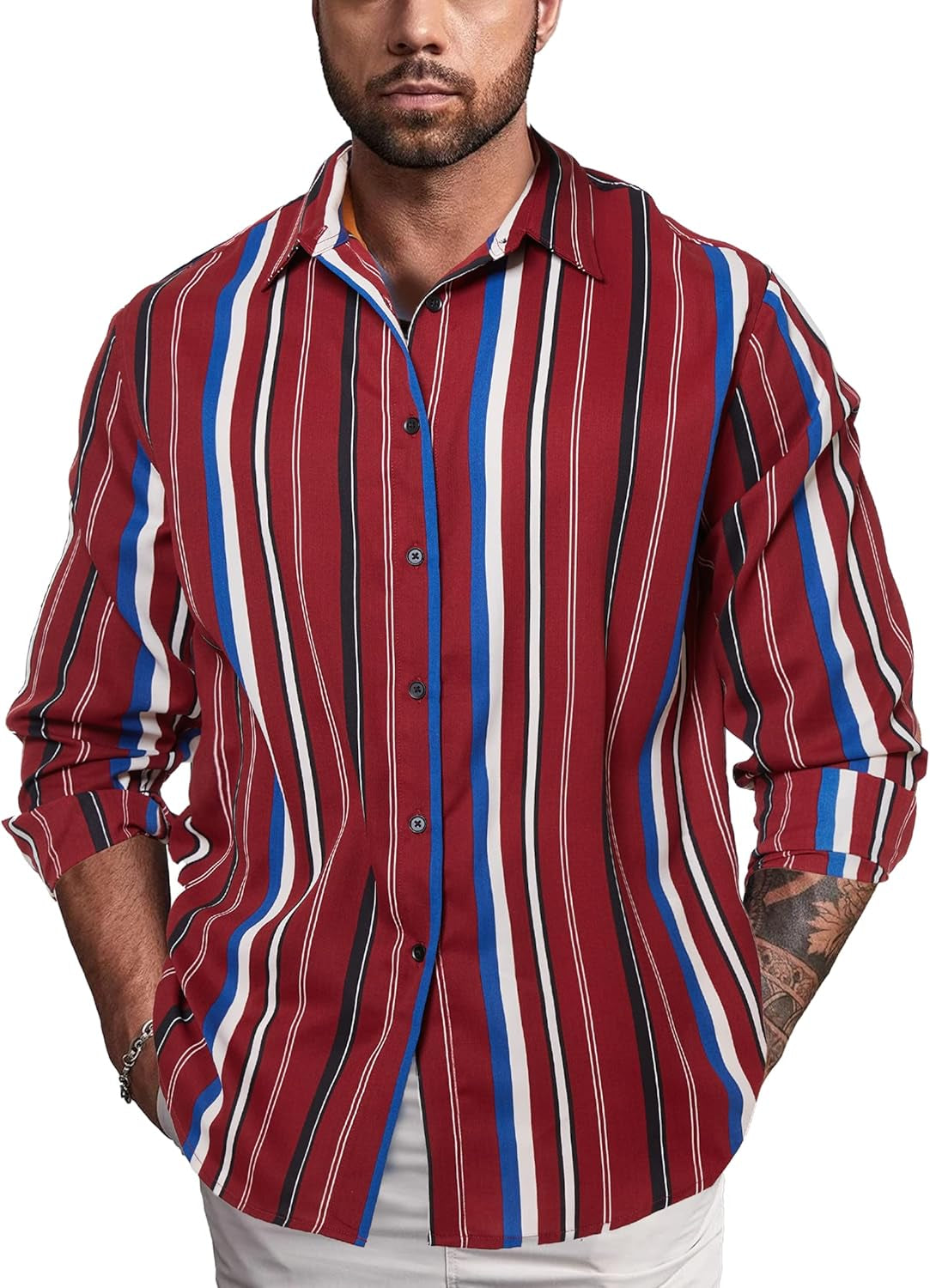 Camicia Da Uomo a Maniche Lunghe, Vestibilità Larga, a Righe, per Il Tempo Libero, Casual, Con Bottoni