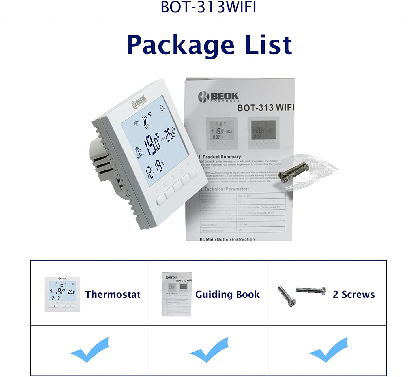 Termostato Wifi per Caldaia a Gas/Acqua, Ambiente Intelligente Con Controllo Vocale, Programmabile per Riscaldamento a Pavimento Compatibile Con Alexa,Google AC220V 3A BOT-313WIFI