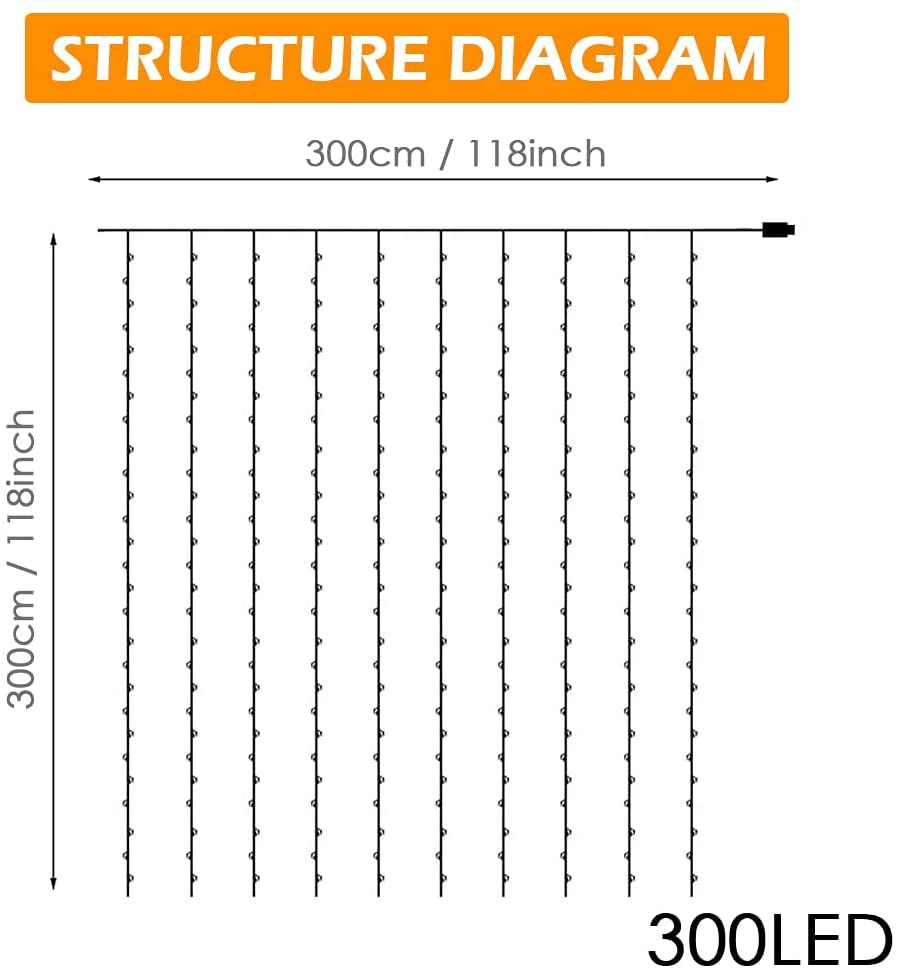 Tenda Luminosa - Luci Da Esterno Giardino, 3M 300LED Luci Led Decorative per Natale 8 Modalità Luci Led Luminarie Da Esterno per Anno Nuovo, Matrimonio, Portico, Casa, Interno, Luminarie Da Esterno